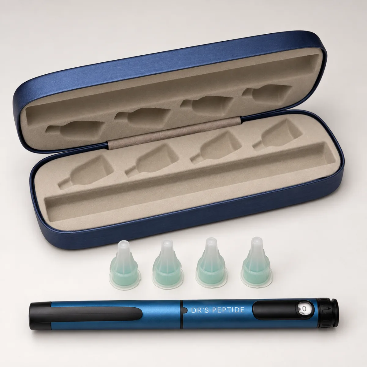 DRS Peptide travel case, pen needles and pen laid out